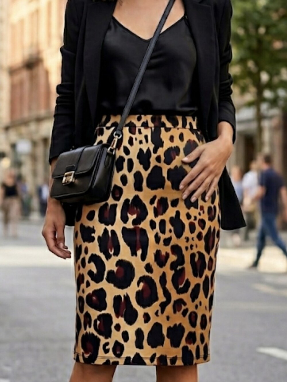 Kardashian Kollection Leopard Print Pencil Skirt - Tan, Black & Red Accents